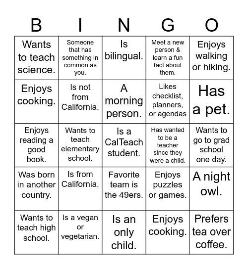 Meet Your Classmates Bingo Card