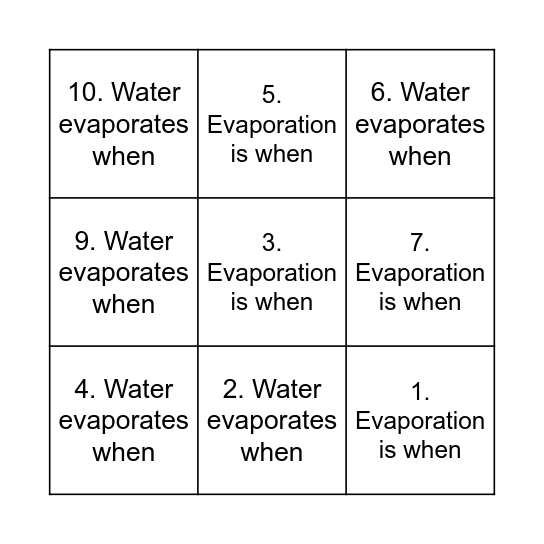 Evaporation Bingo Card