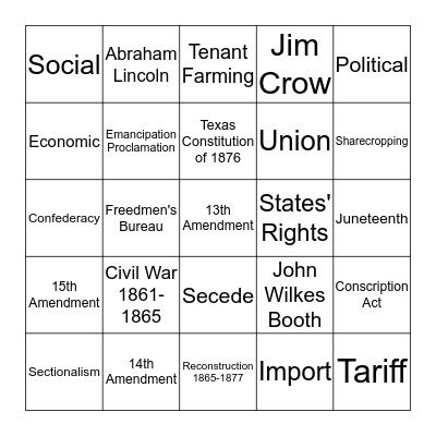 Civil War Bingo Card