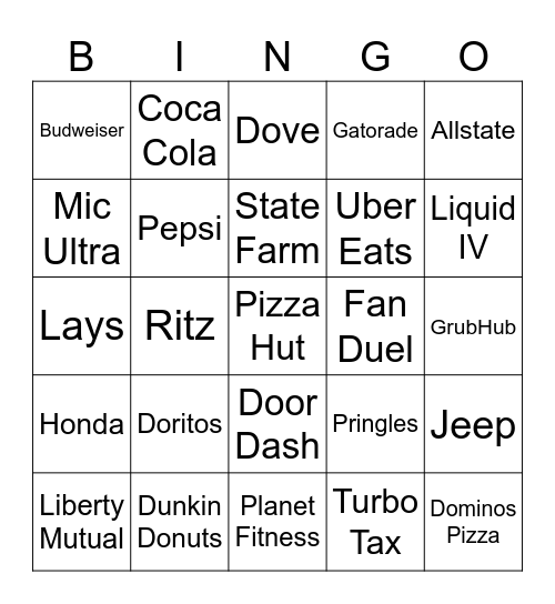 Superbowl Commercials 2026 Bingo Card