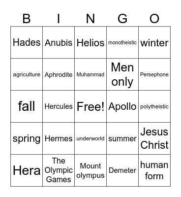 Greek Mythology Bingo Card