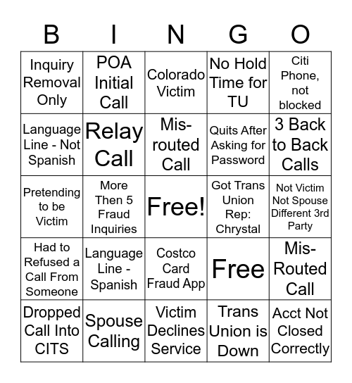 Untitled Bingo Card