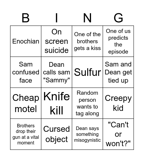 Supernatural 2 Bingo Card