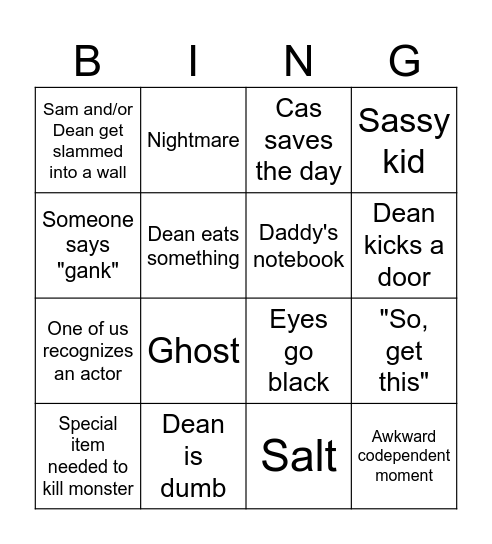 Supernatural 3 Bingo Card