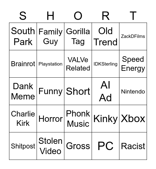 YT SHORTS BINGO Card