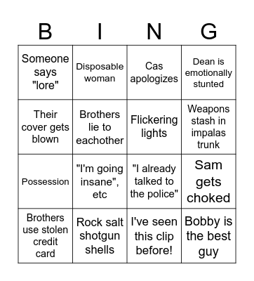 Supernatural 5 Bingo Card