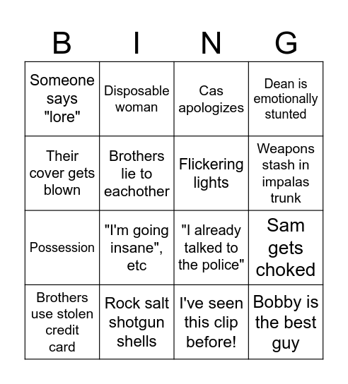 Supernatural 5 Bingo Card