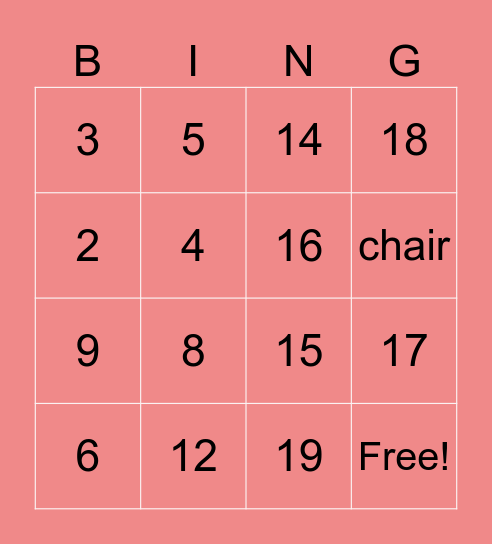Numbers Bingo Card