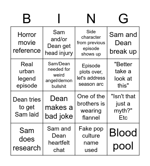 Supernatural 7 Bingo Card