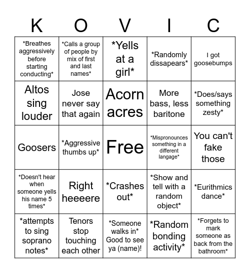 Kovic Bingo Card