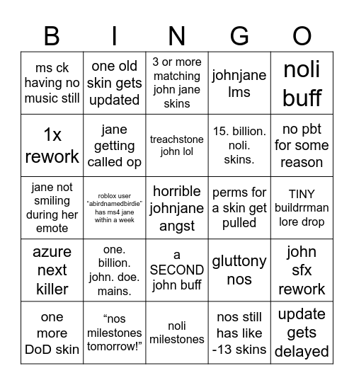 Jane Update Bingo Card