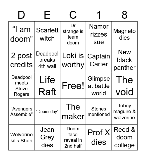 Avengers: Doomsday Bingo Card