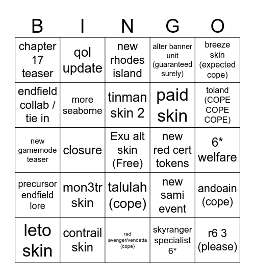 7th anni Bingo Card