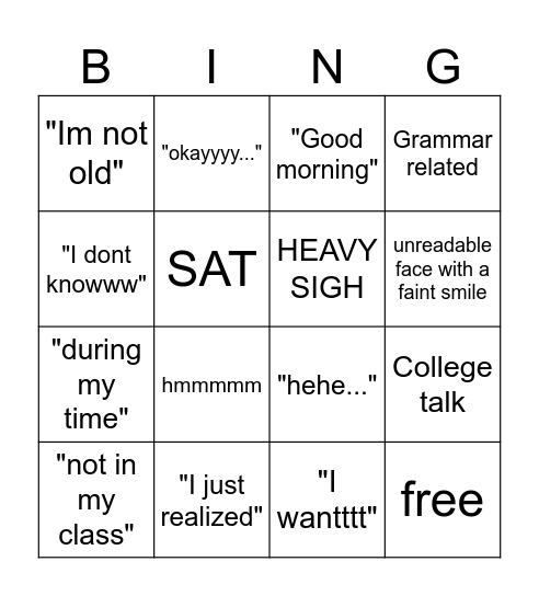 Maam Jennifer Bingo Card