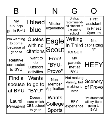 BYU reads Bingo Card