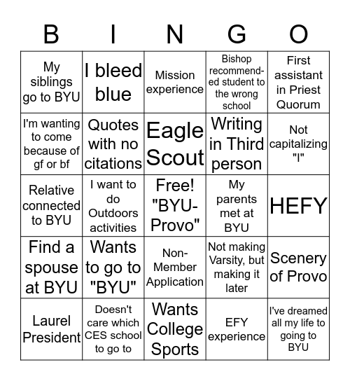 BYU reads Bingo Card