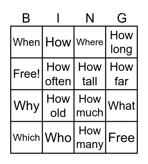 Wh-question Bingo Card