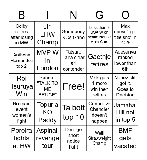 2026 UFC Bingo Card