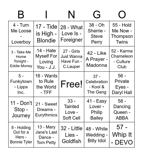 70-80's Mega Mix! Bingo Card