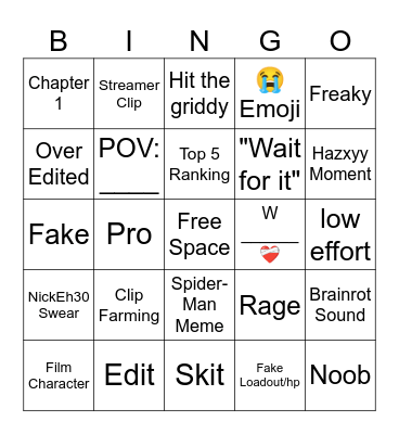 Fortnite TikTok Bingo Card