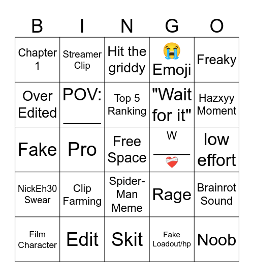 Fortnite TikTok Bingo Card