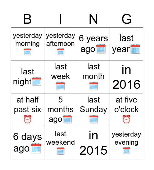 Time Markers Past Bingo Card