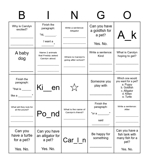 "Today a Pet" - pg. 64 Bingo Card