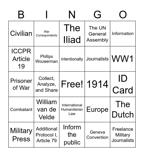 Journalism in Armed Conflict Bingo Card