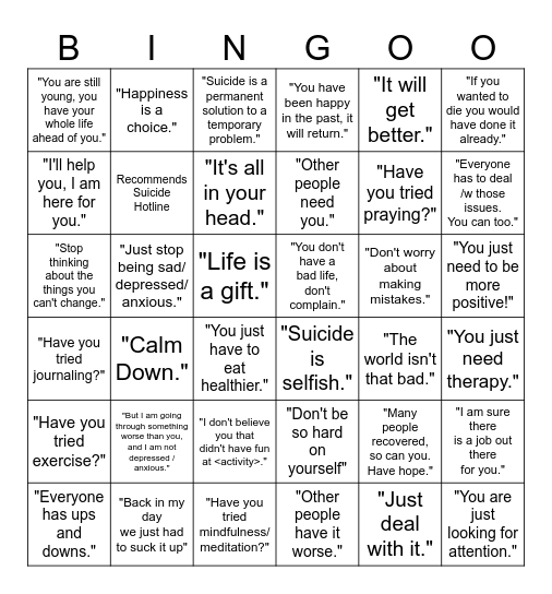 Anti-Suicide Bullshit Bingo Card