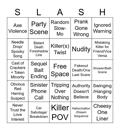 Slasher Horror Movie Bingo Card