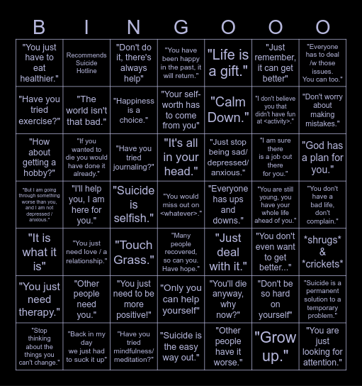 Anti-Suicide Bullshit Bingo Card