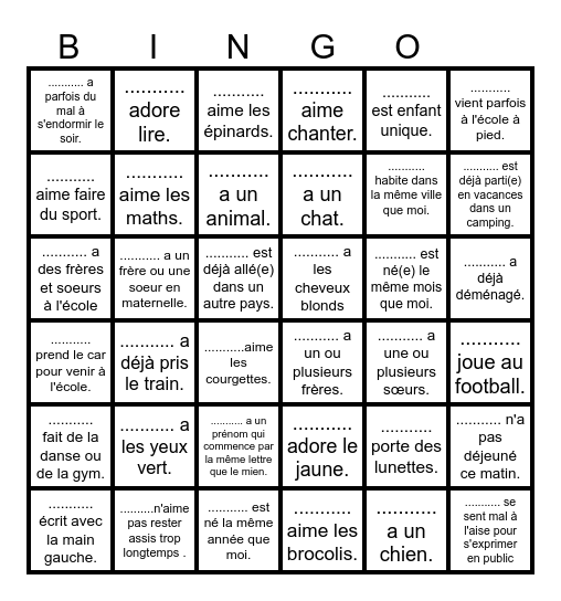 Bingo pour faire connaissance avec  ma classe Bingo Card