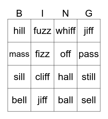 ff  ll  ss  zz Bingo Card