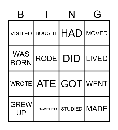 Past Tense Verbs Bingo Card