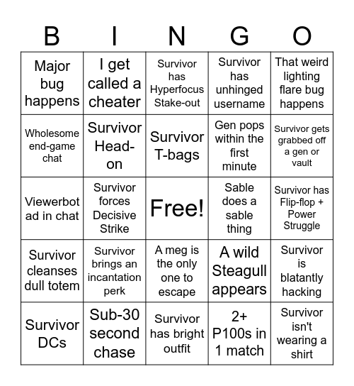 DBD Killer Stream Bingo Card