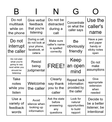 Listening Skills Bingo Card