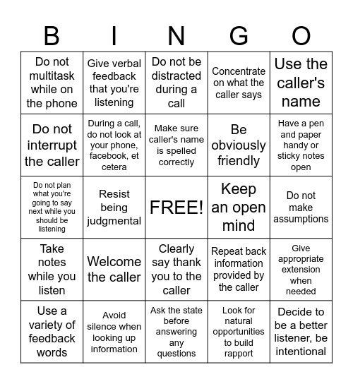 Listening Skills Bingo Card