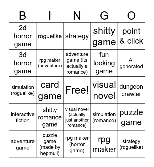 Itch.io browser games Bingo Card
