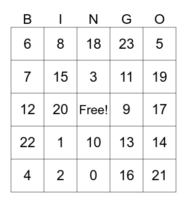 Number Bingo Card