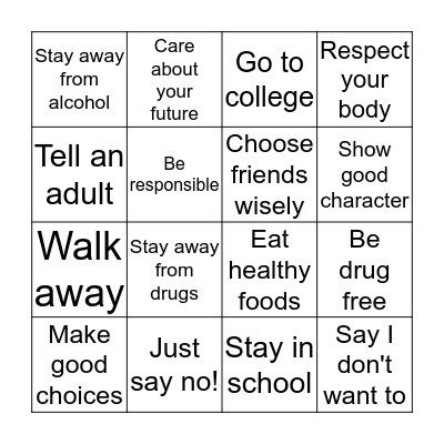 Drug Free Bingo Card