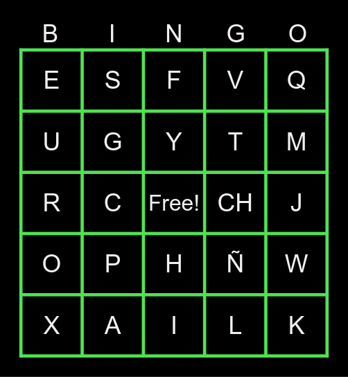 Spanish alphabet Bingo Card