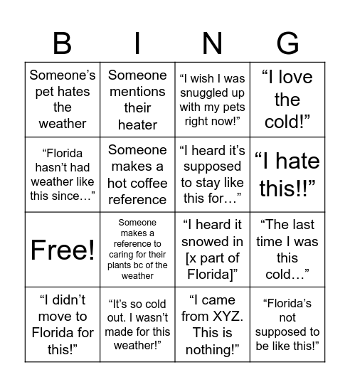 C&I’s Cold Weather Bingo! Bingo Card