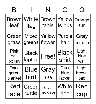 Colors and Things Bingo Card