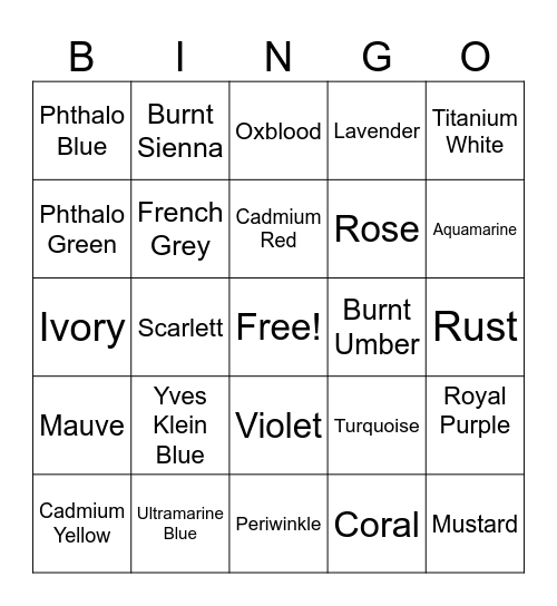 Paint Pallette Bingo Card