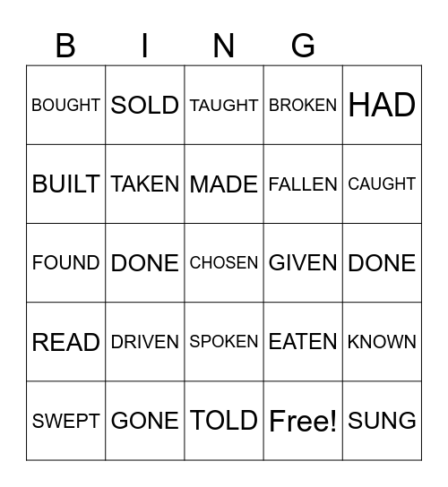 Past Participle Verbs Bingo Card
