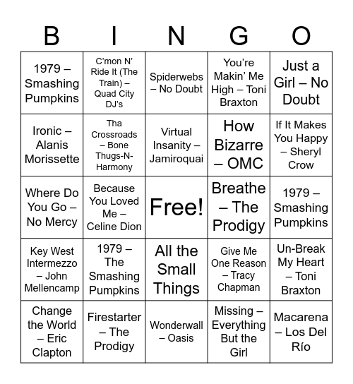 Songs Turning 30 in 2026 Bingo Card