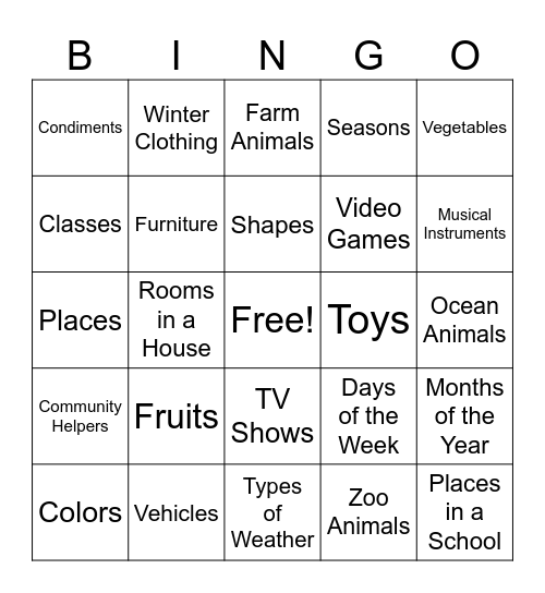 Categories Bingo Card