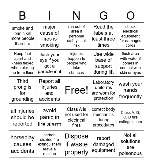 Promotion of Safety Bingo Card