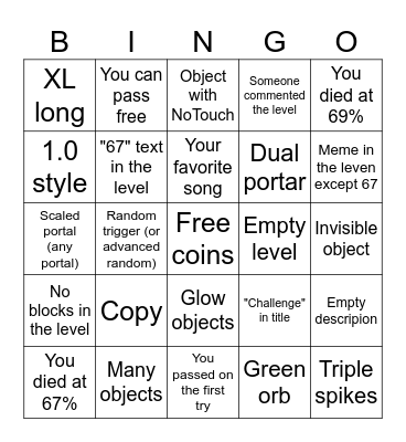 Geometry Dash Recent Tab Bingo Card