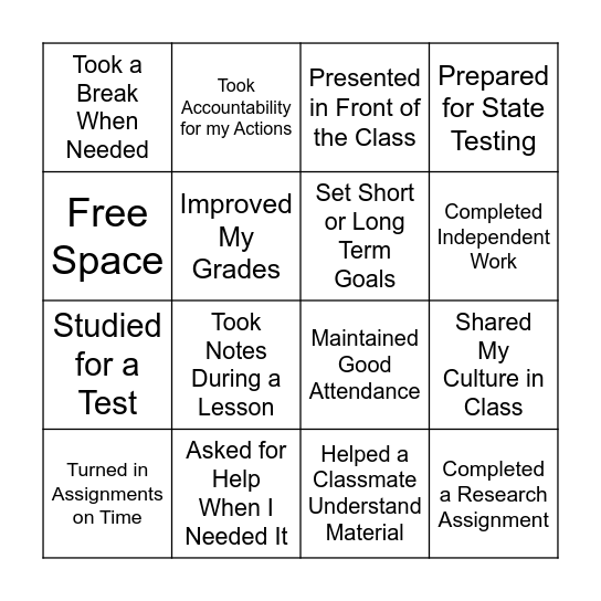 “Things I’ve Done in School”  Bingo Card